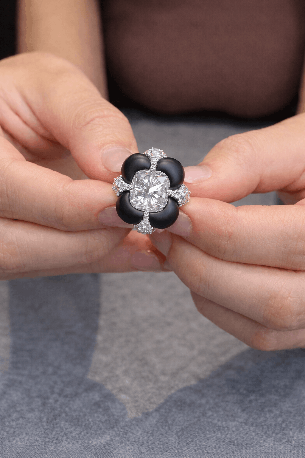 Zarielle ring featuring an inverted 3ct radiant lab-grown diamond with black onyx petals and diamond pavé halo – bold modern fine jewelry