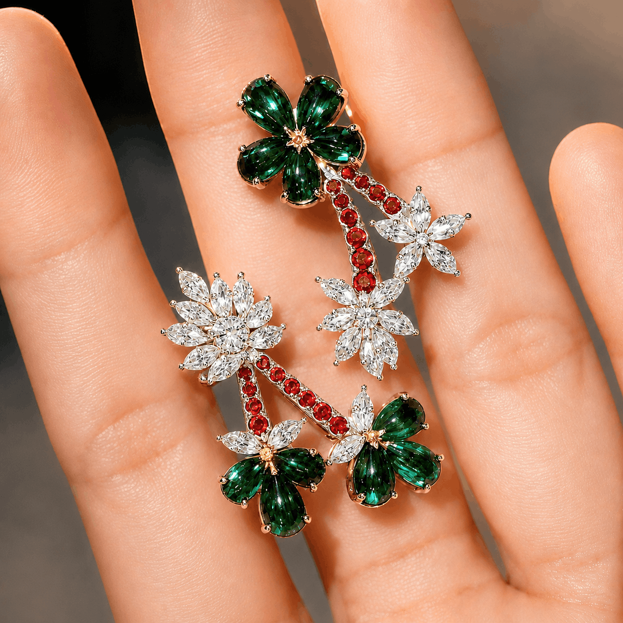 Lab emerald and diamond floral drop earrings
