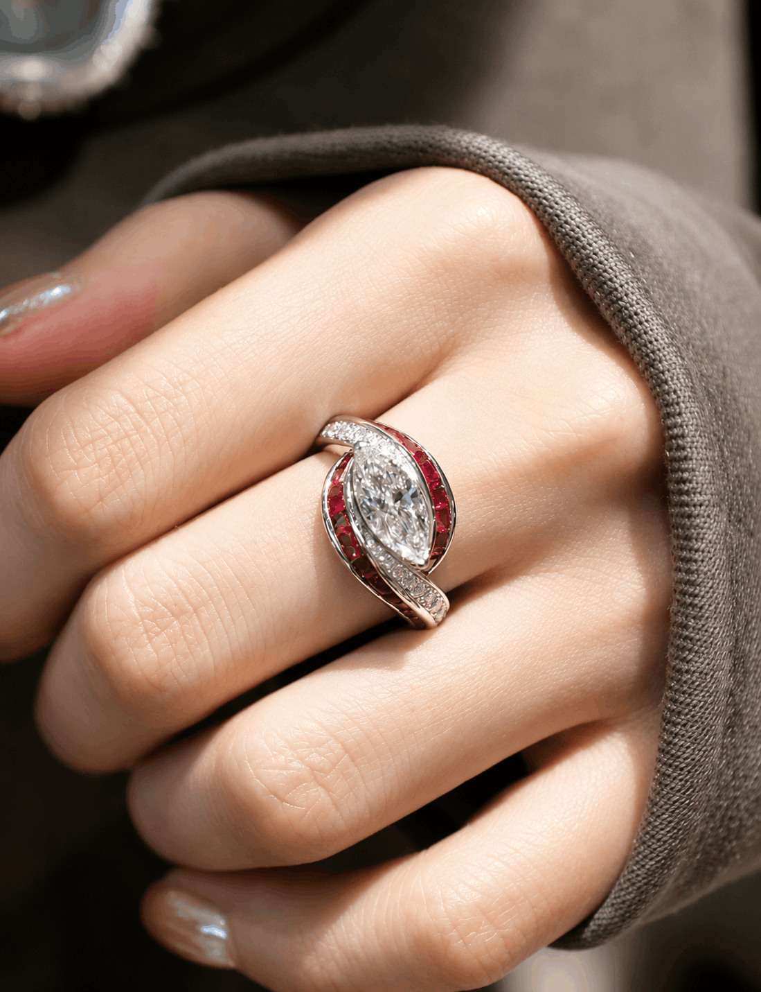 Mirelisse floral halo engagement ring featuring a marquise lab-grown diamond and ruby accents | La Forêt