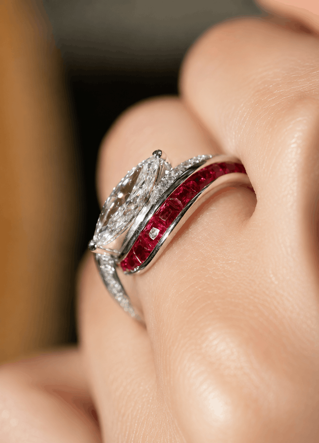 Mirelisse floral halo engagement ring featuring a marquise lab-grown diamond and ruby accents | La Forêt