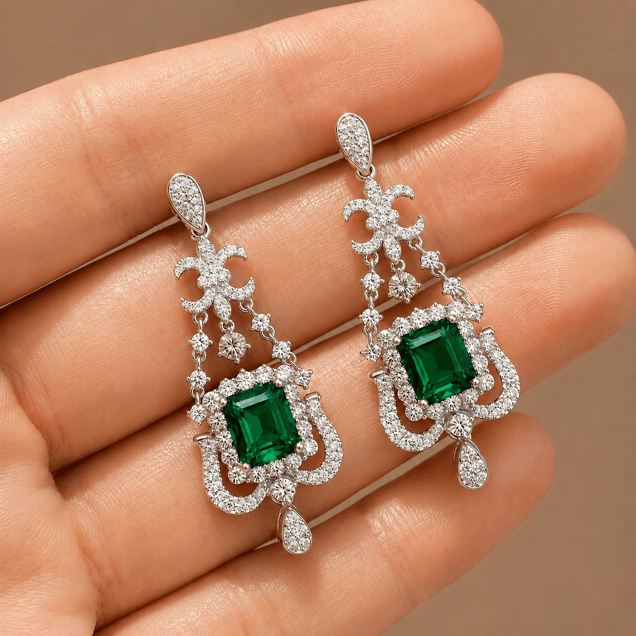 Ornate chandelier earrings with square emerald centers and diamond detailing in white gold
