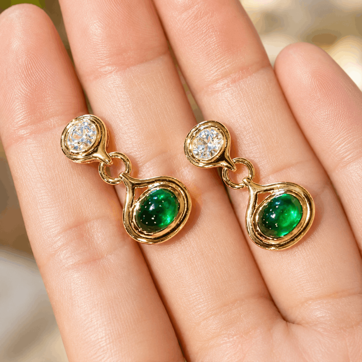 4cttw cabochon lab emerald and diamond drop earrings in gold-tone bezel setting
