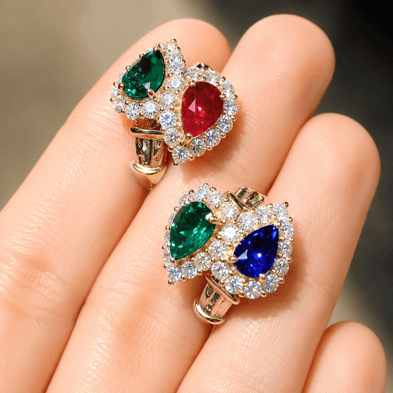 Lab ruby and emerald halo earrings