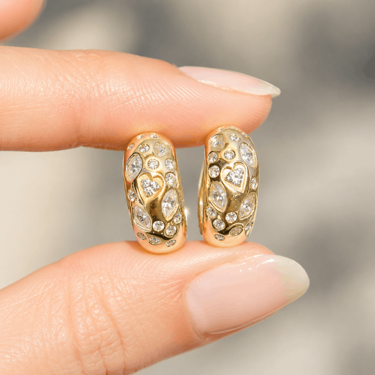 Gold huggie earrings with heart and marquise lab diamonds
