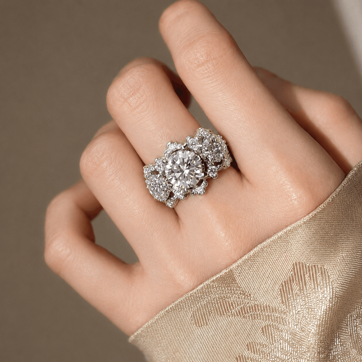 Myrienne ring with 3ct lab-grown diamond, floral halo and side diamonds in white gold – luxurious statement engagement ring
