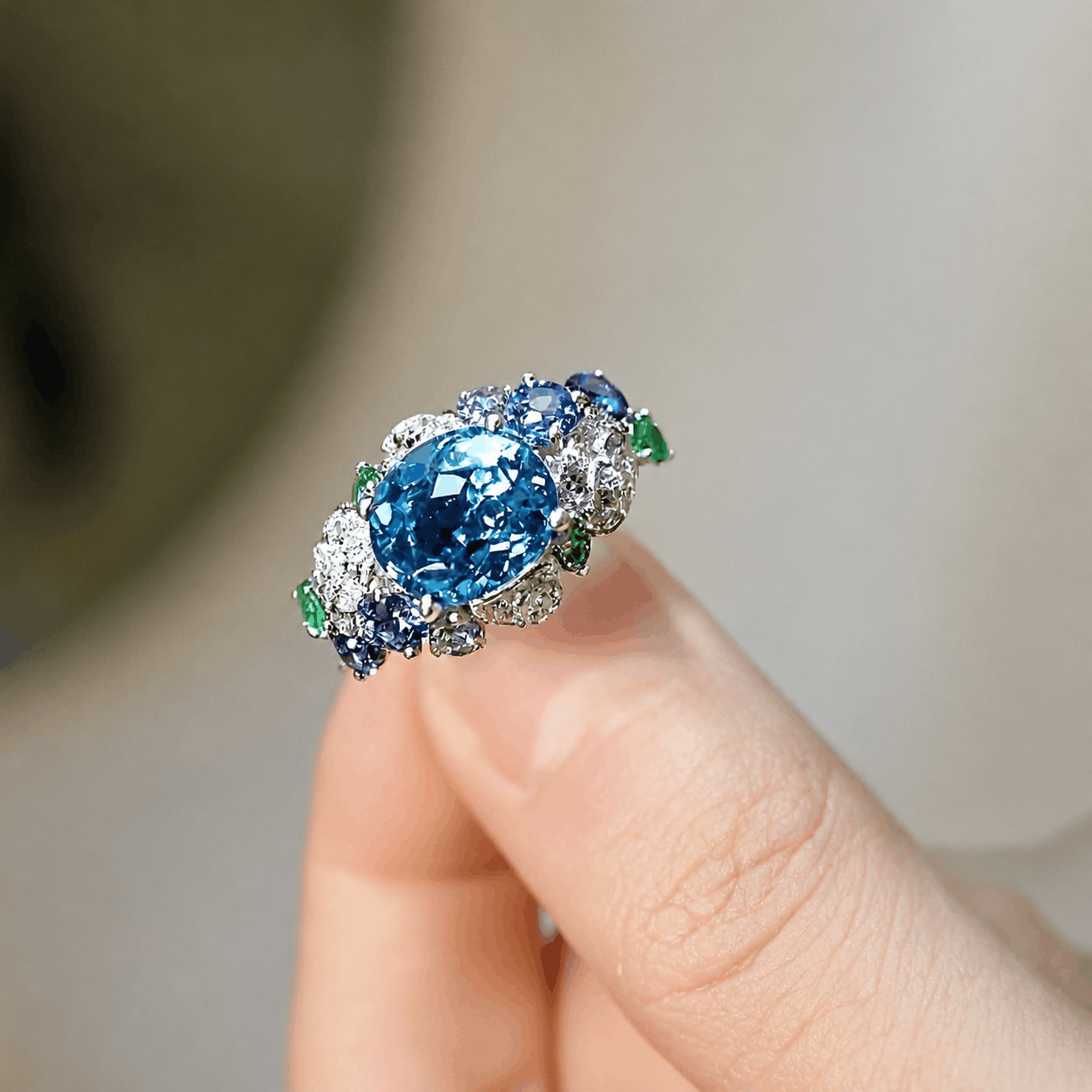 Elanora Aquamarine and Tanzanite Cluster Ring with Tsavorite and Diamonds