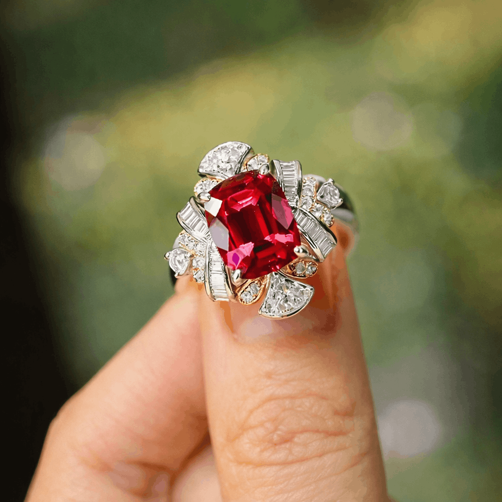 Cassiora 4ct lab-grown ruby ring with radiant diamond starburst setting
