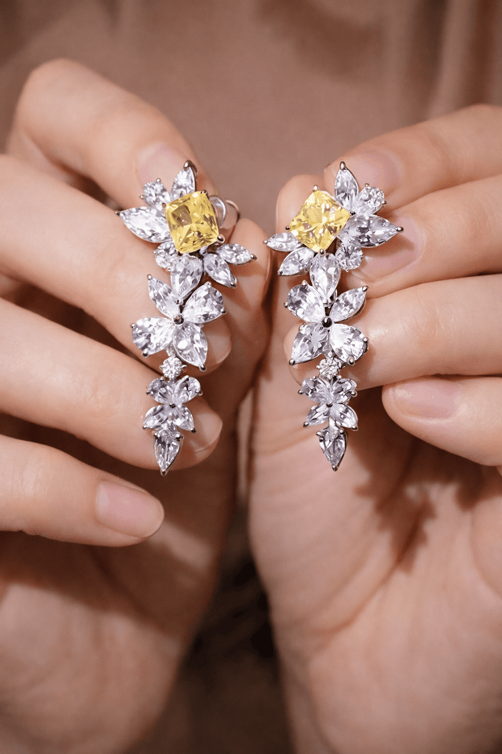 Merelina Yellow Diamond Floral Drop Earrings
