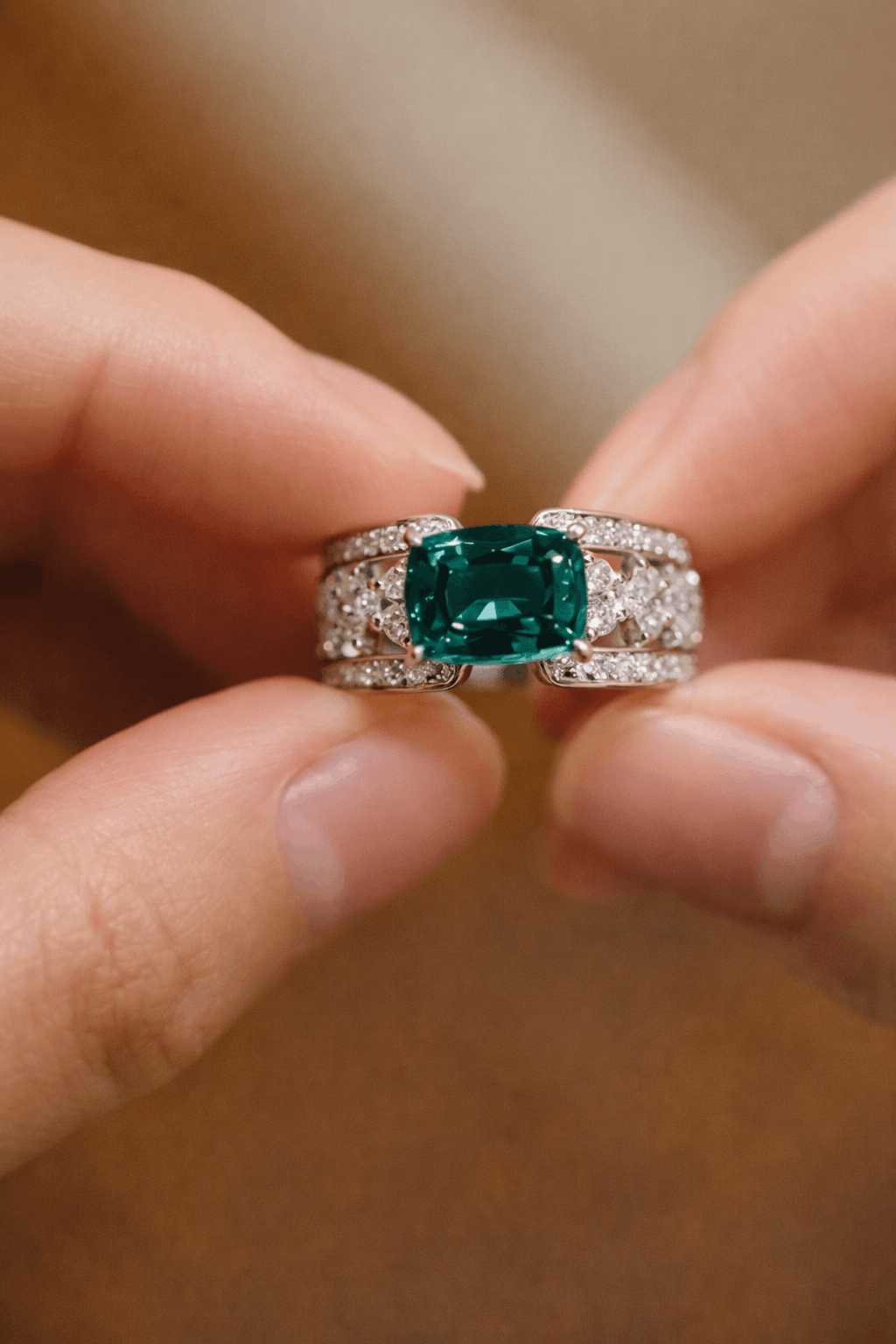 Bold lab-grown emerald ring with cushion-cut 2ct stone and pavé diamond split band
