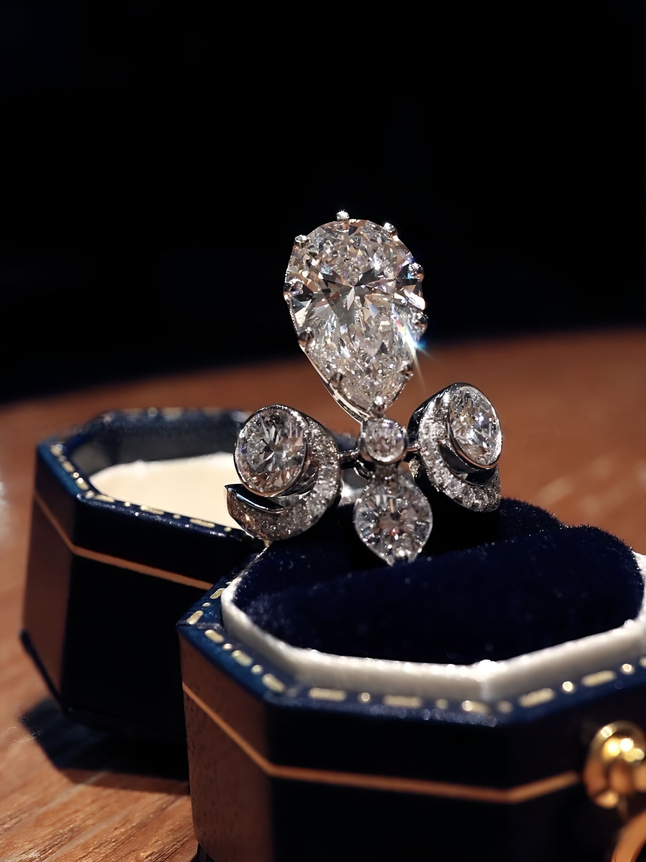 Eliora ring with 2ct pear-cut lab diamond, moon and star diamond accents in celestial white gold setting