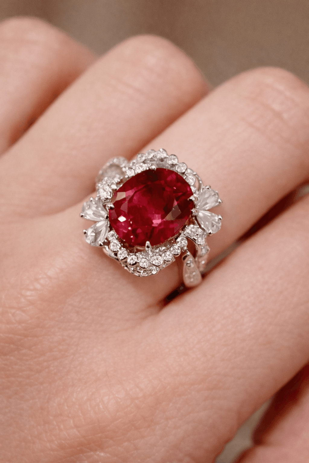 Solmira ring showcasing a 7ct lab-grown ruby with a halo of lab diamonds