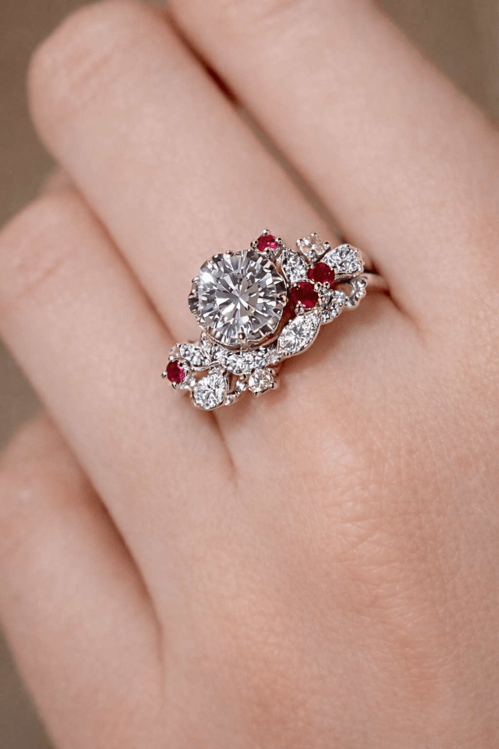Elantria ring with round lab-grown diamond center, ruby, yellow, and white gemstone floral accents in gold – asymmetrical designer engagement ring
