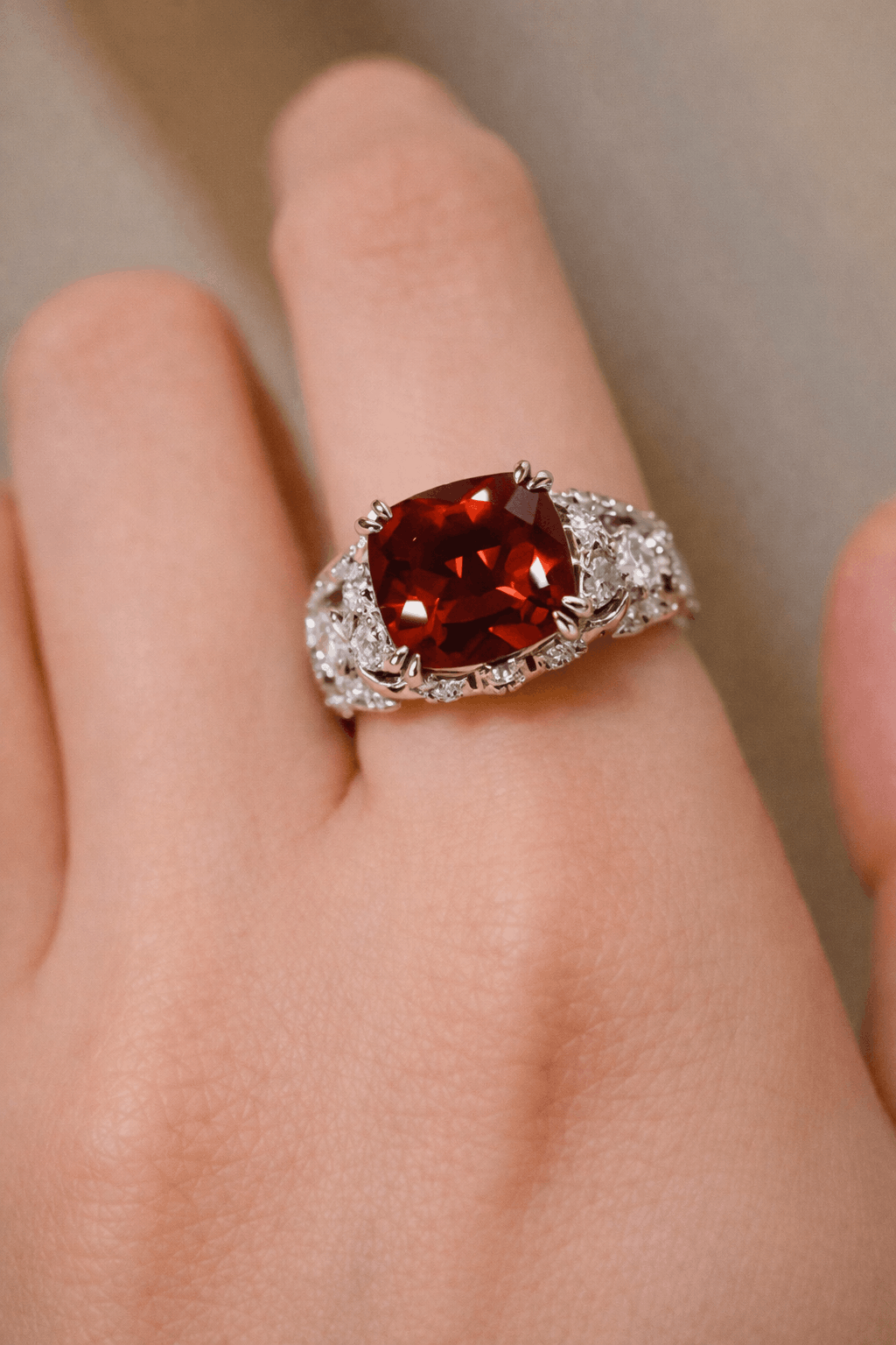 Vintage-style lab-grown ruby ring with cushion-cut center and pavé diamonds in white gold
