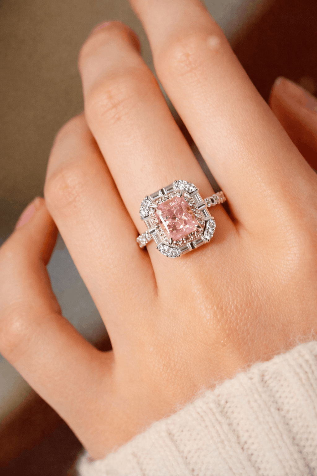 Nerisse ring with 1.5ct pink lab diamond and vintage halo setting
