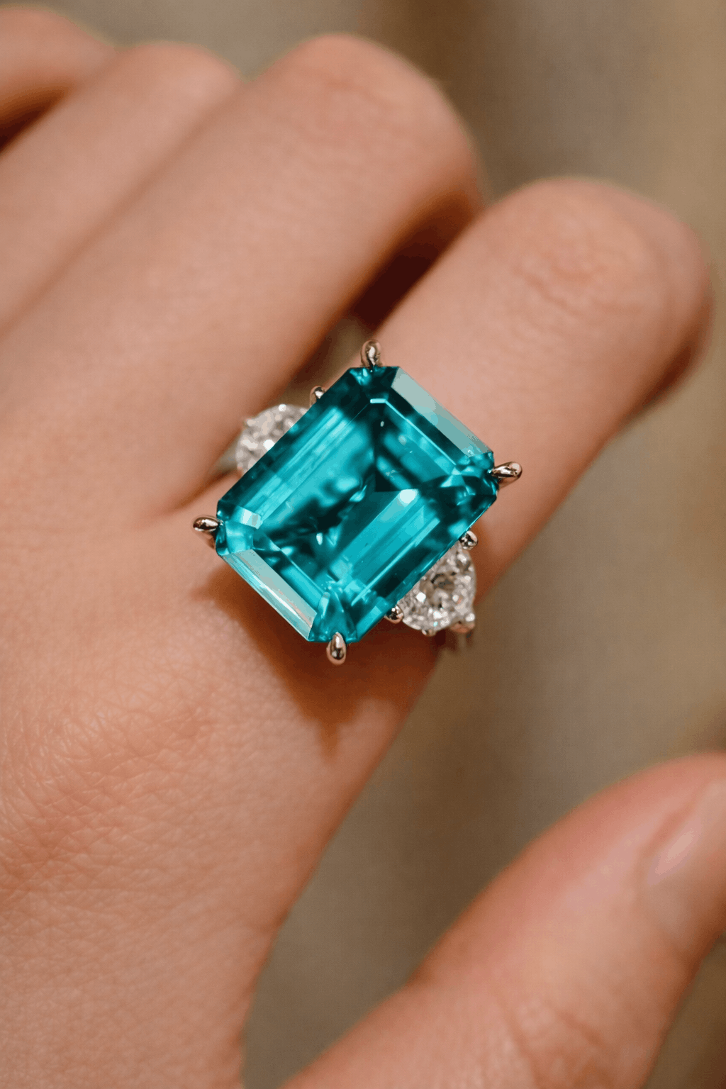 Vaetia ring with 10ct lab grown emerald and side diamonds in gold setting
