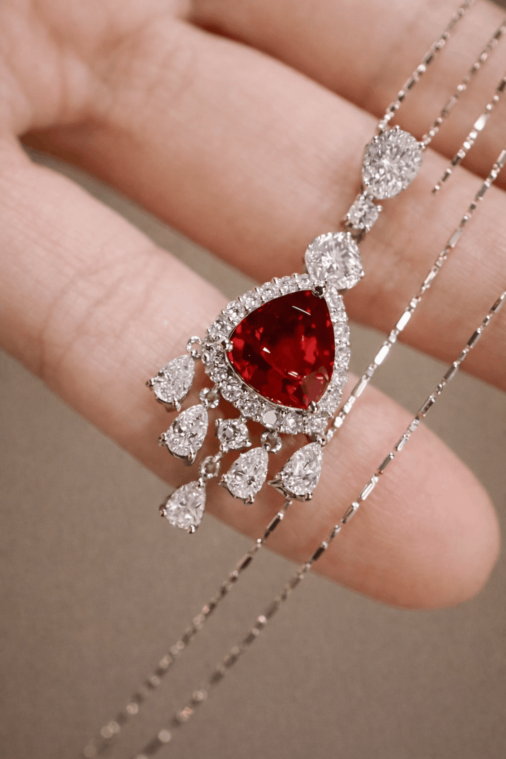 Velmira necklace with 2ct lab-grown pigeon blood ruby, diamond halo, and drop pendant design in white gold – luxury ruby fine jewelry
