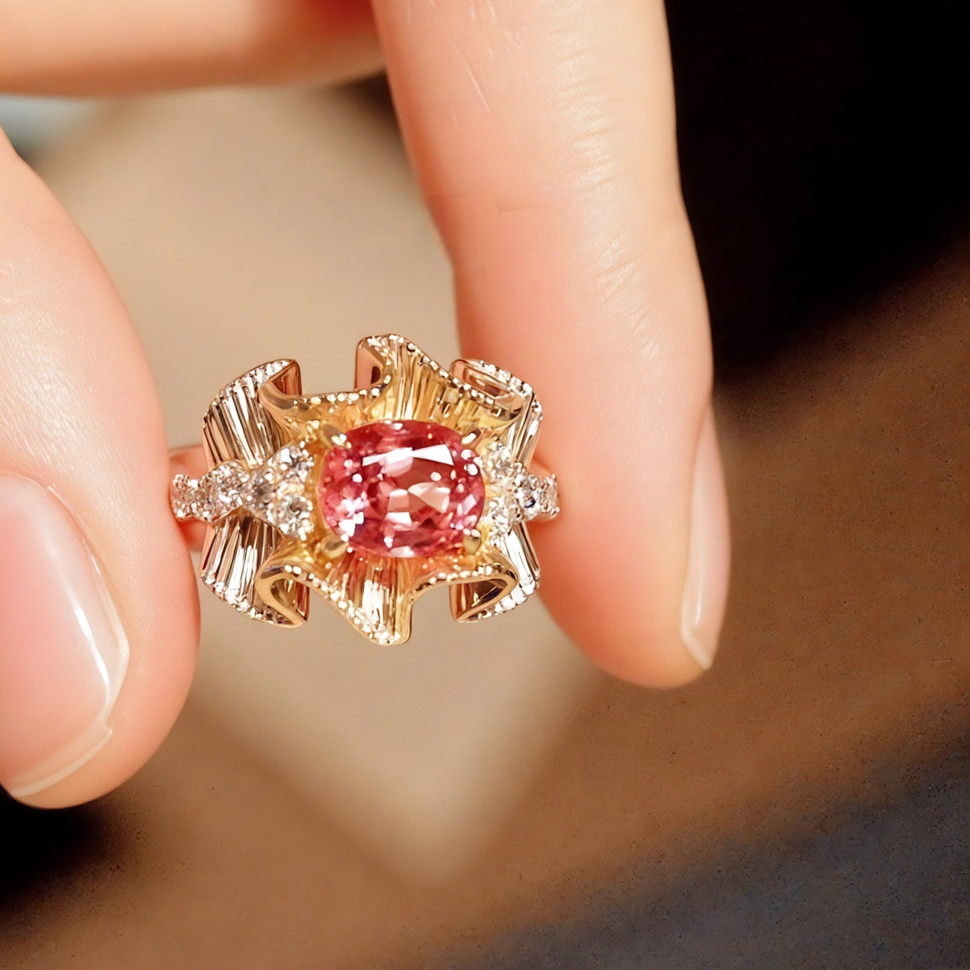 Ribbon-style ring with peach-pink Padparadscha sapphire

