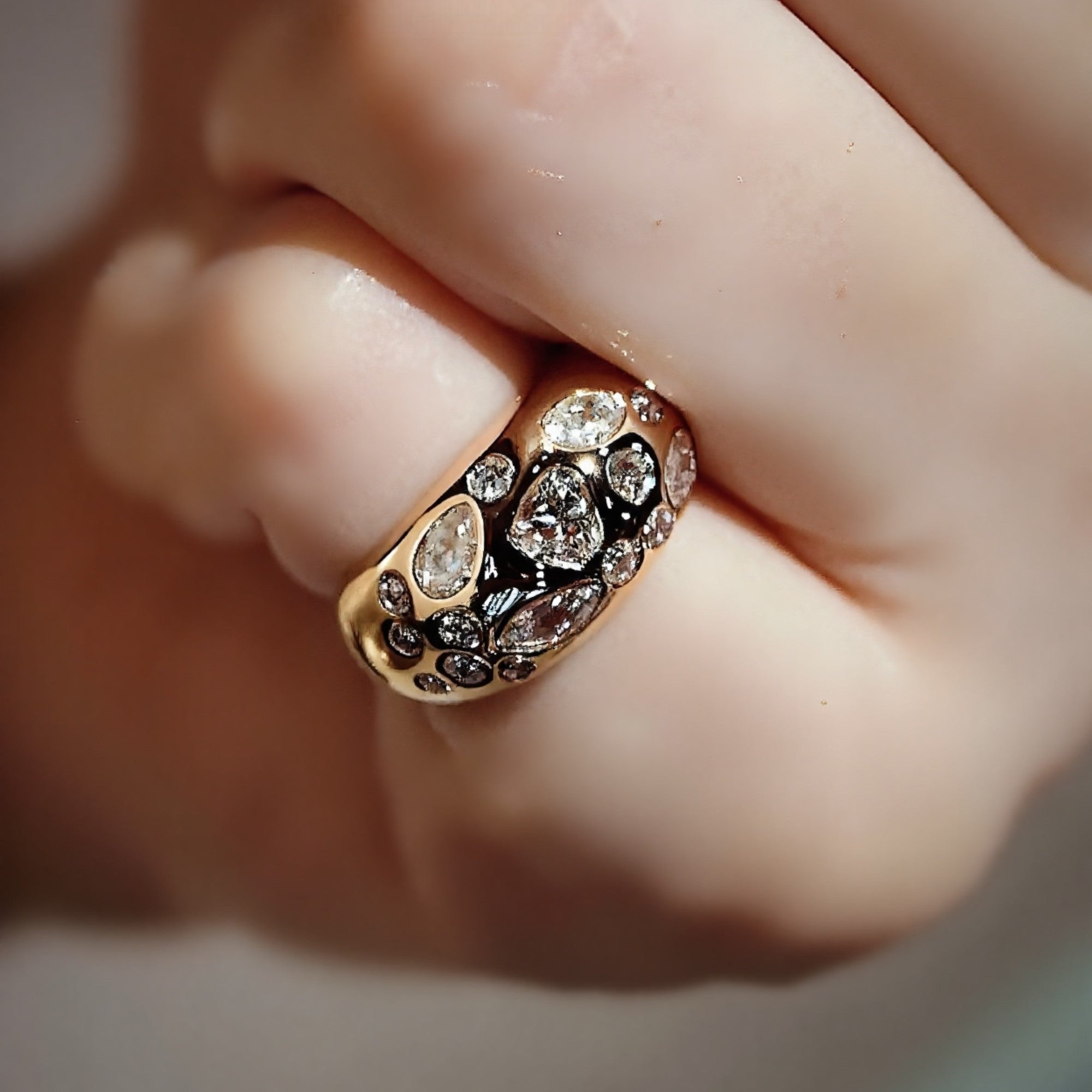 Lab diamond dome ring with mixed cuts in gold

