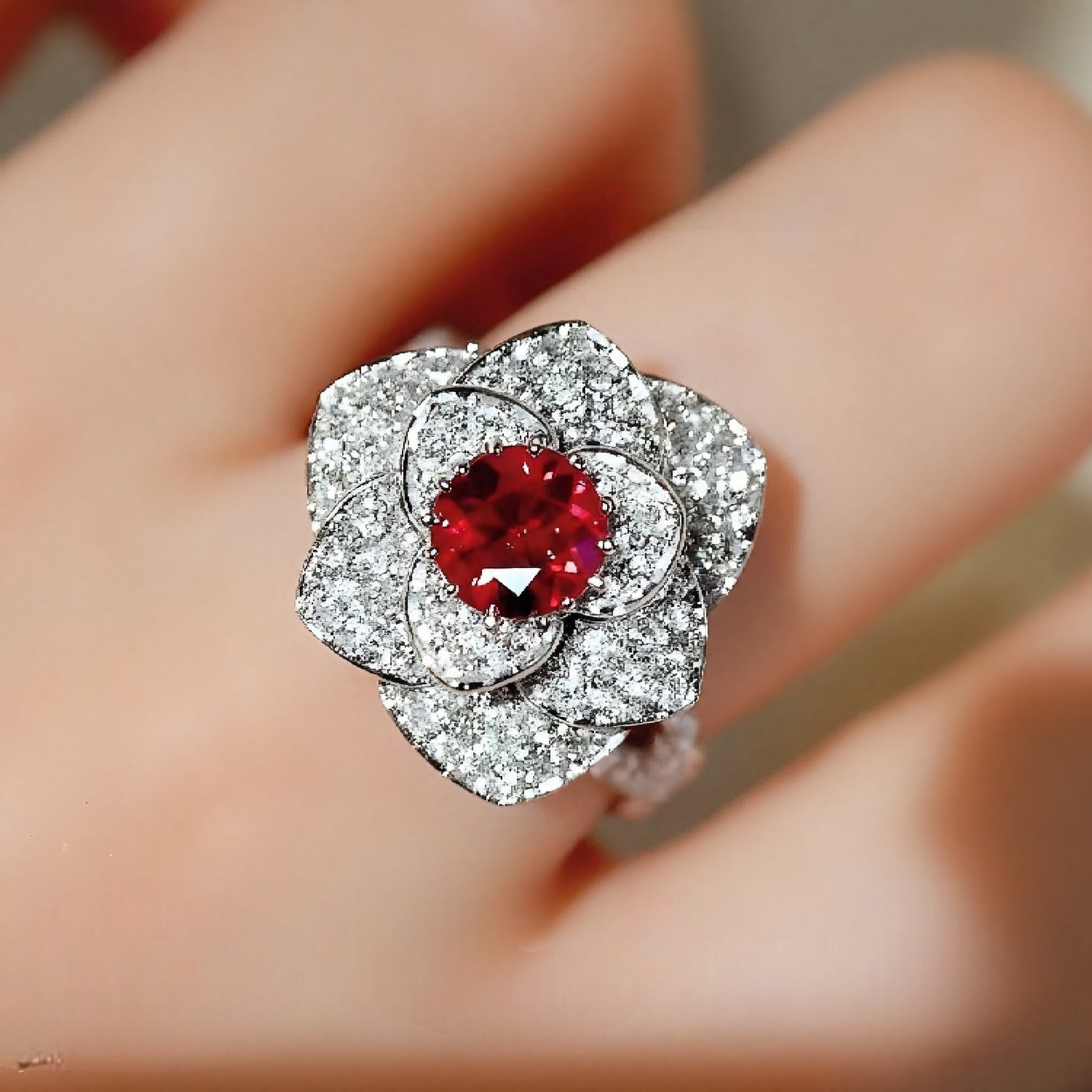 Lab ruby flower ring with diamond pavé petals

