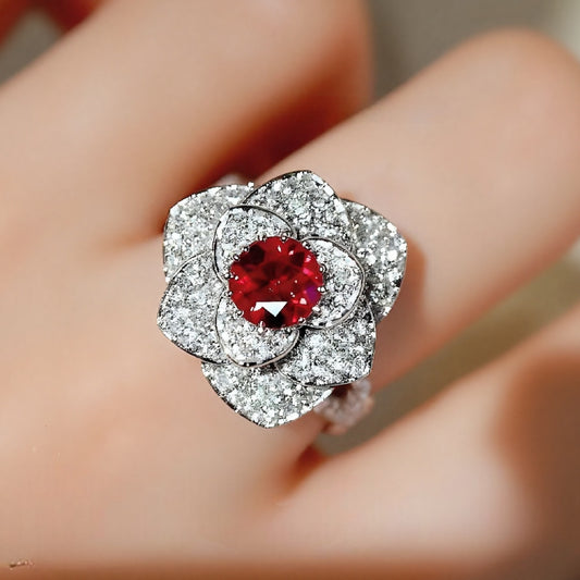 Lab ruby flower ring with diamond pavé petals

