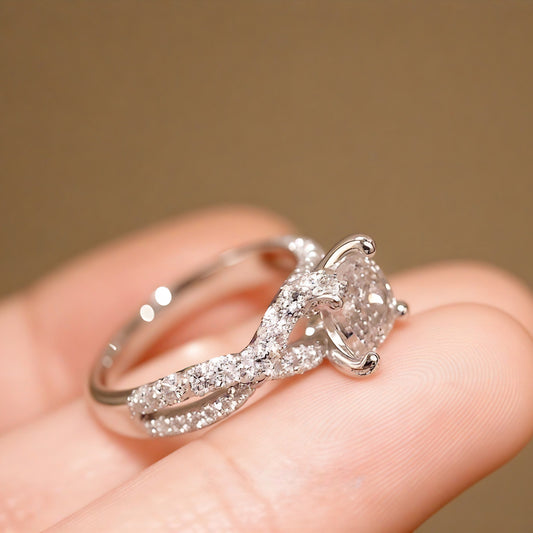 Radiant-cut lab diamond engagement ring with twisted band

