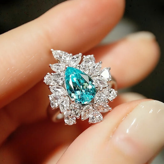 Lab-grown paraiba tourmaline ring with diamond petals

