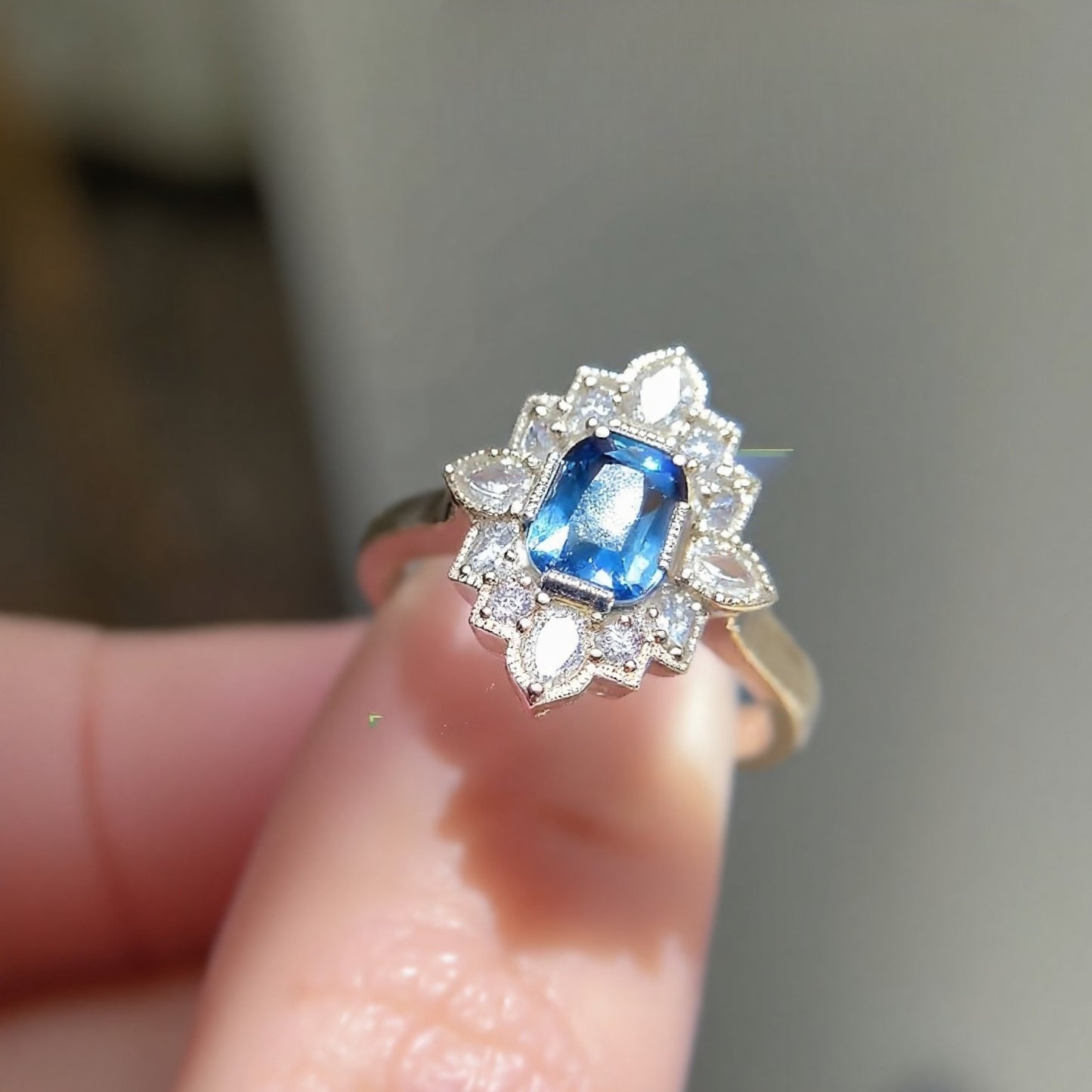 Calianne vintage-style ring with cornflower sapphire and diamond accents

