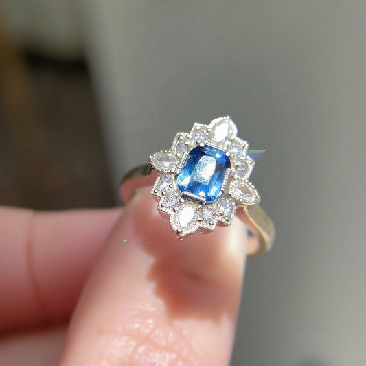 Calianne vintage-style ring with cornflower sapphire and diamond accents

