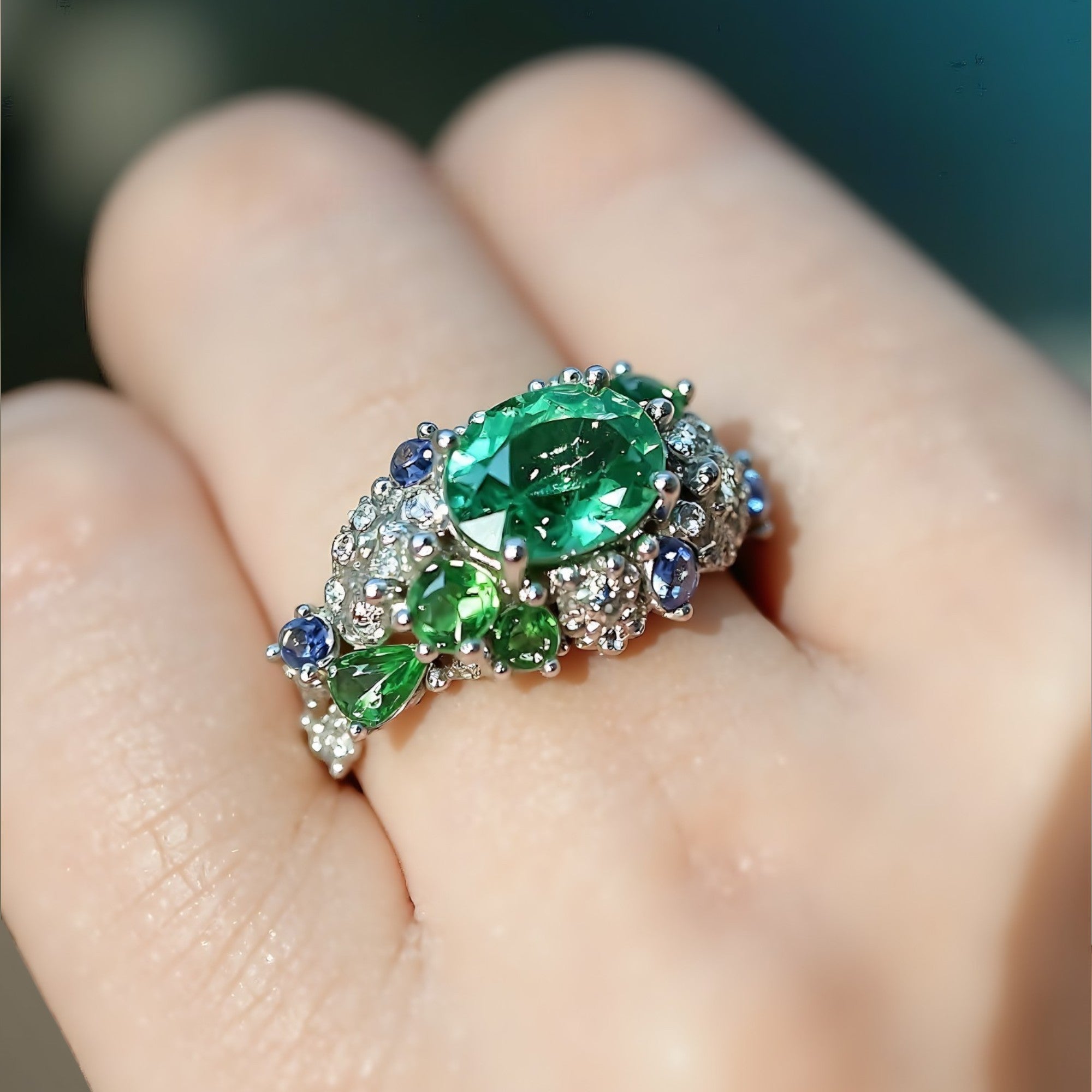 Verda Bloom ring with lab tsavorite, diamonds, and tanzanites
