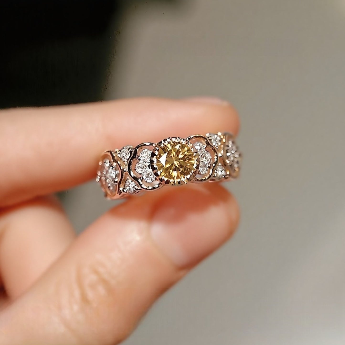 Lab yellow diamond floral ring in rose gold

