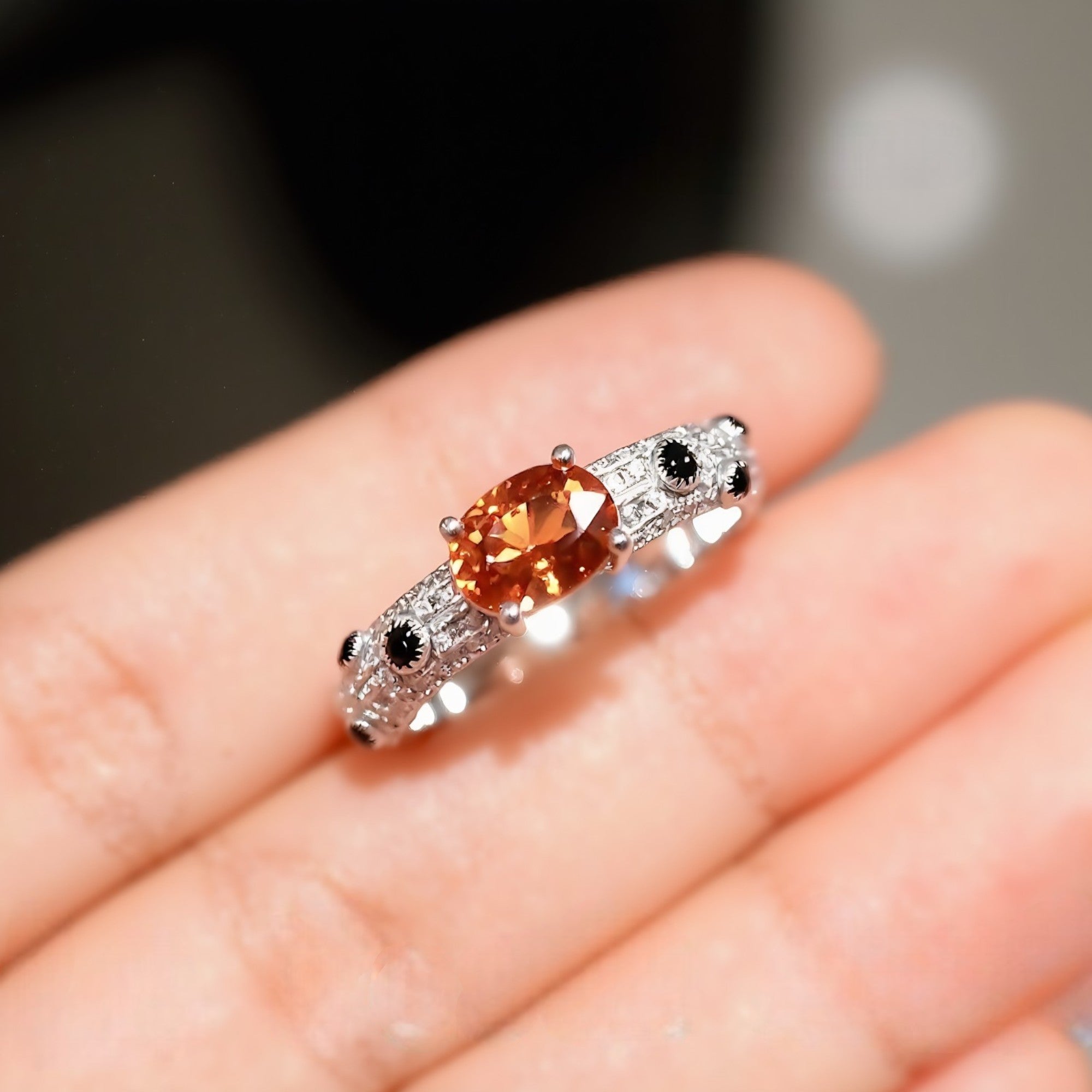 Natural Fanta garnet ring with onyx and diamonds

