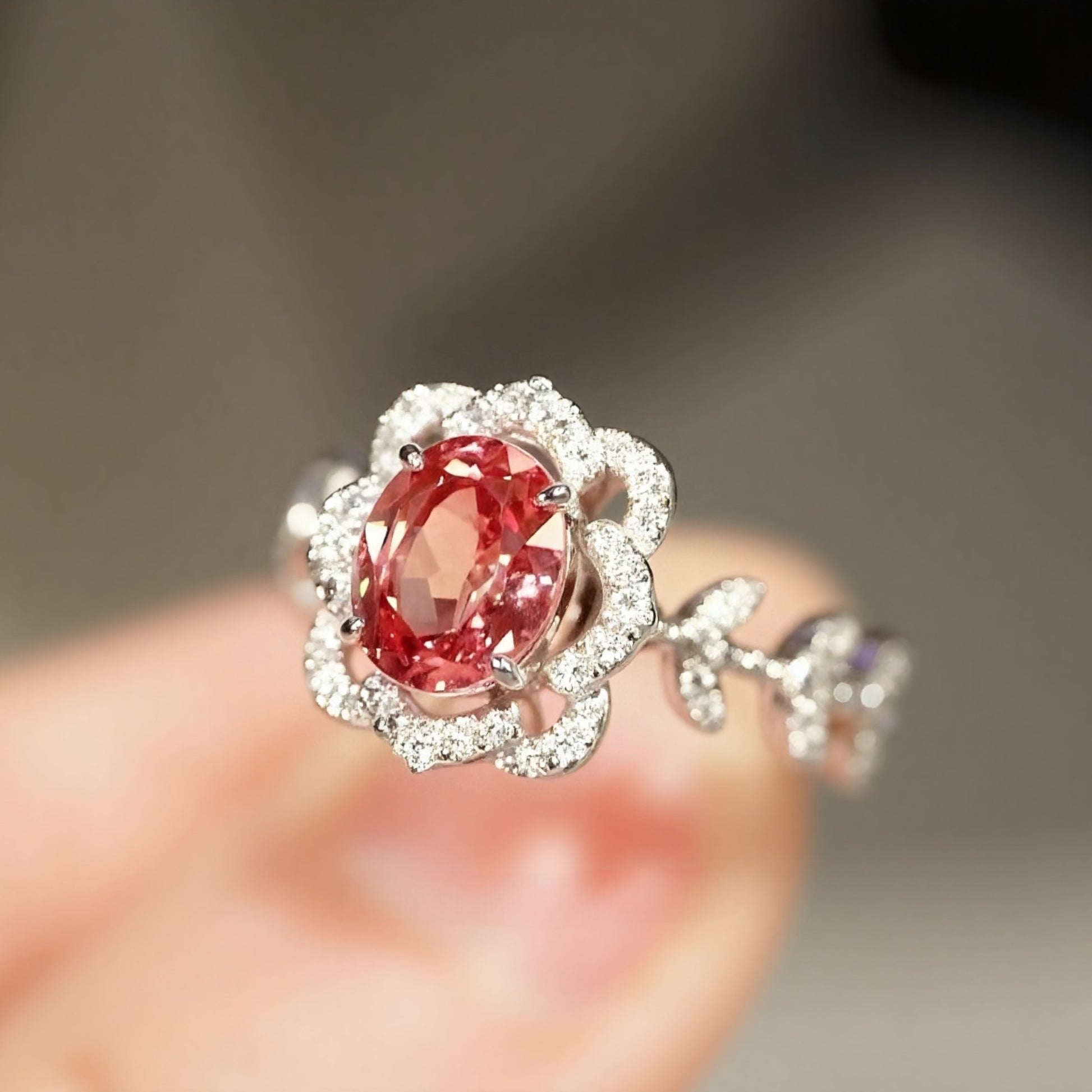 Rosaria ring with lab Padparadscha sapphire and diamond petals


