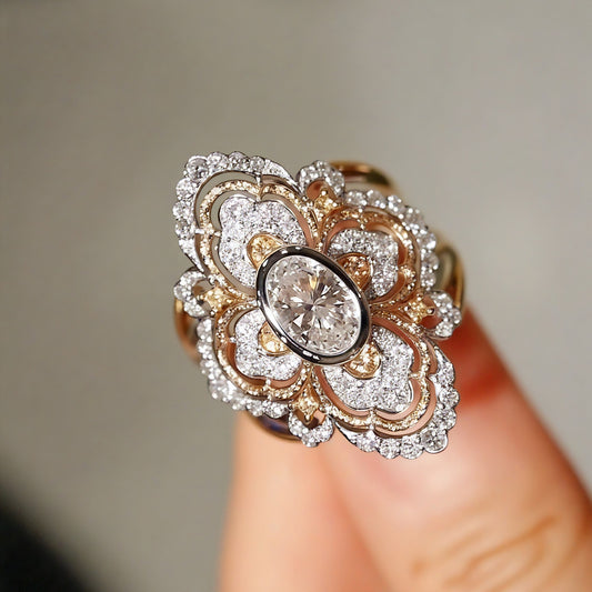 Ornate lab diamond shield ring with floral detailing


