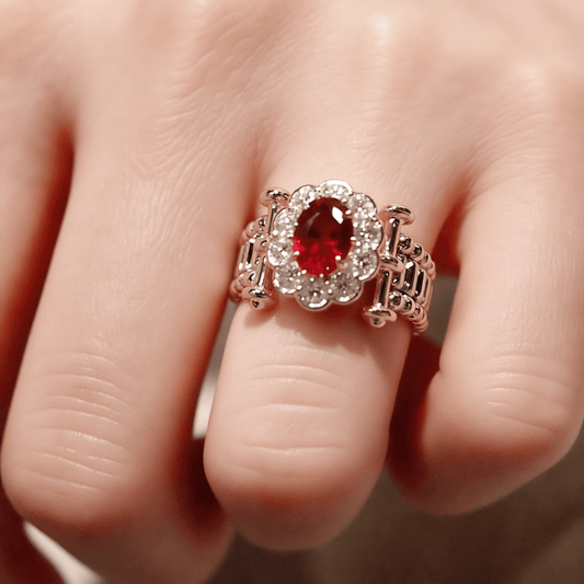 Regalia Ruby Ring with halo diamonds and vintage band

