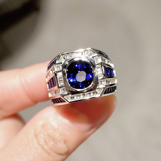 Bold men's lab sapphire and diamond ring

