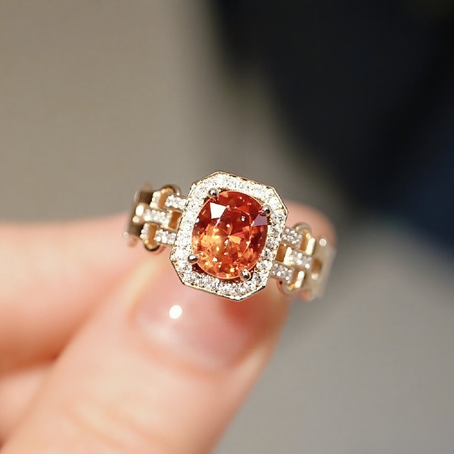 Natural Fanta garnet ring with octagon halo and diamond accents

