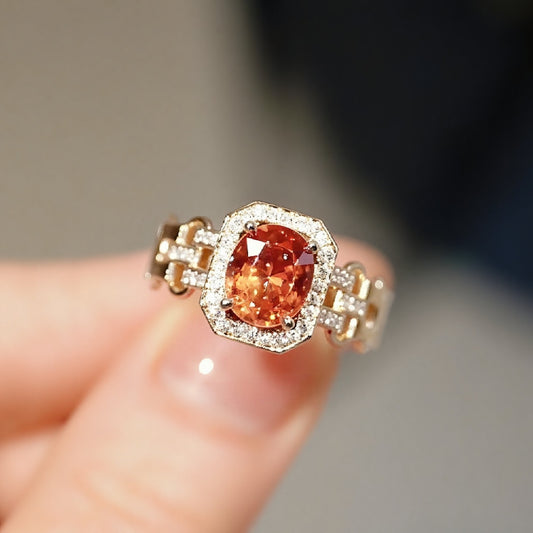 Natural Fanta garnet ring with octagon halo and diamond accents

