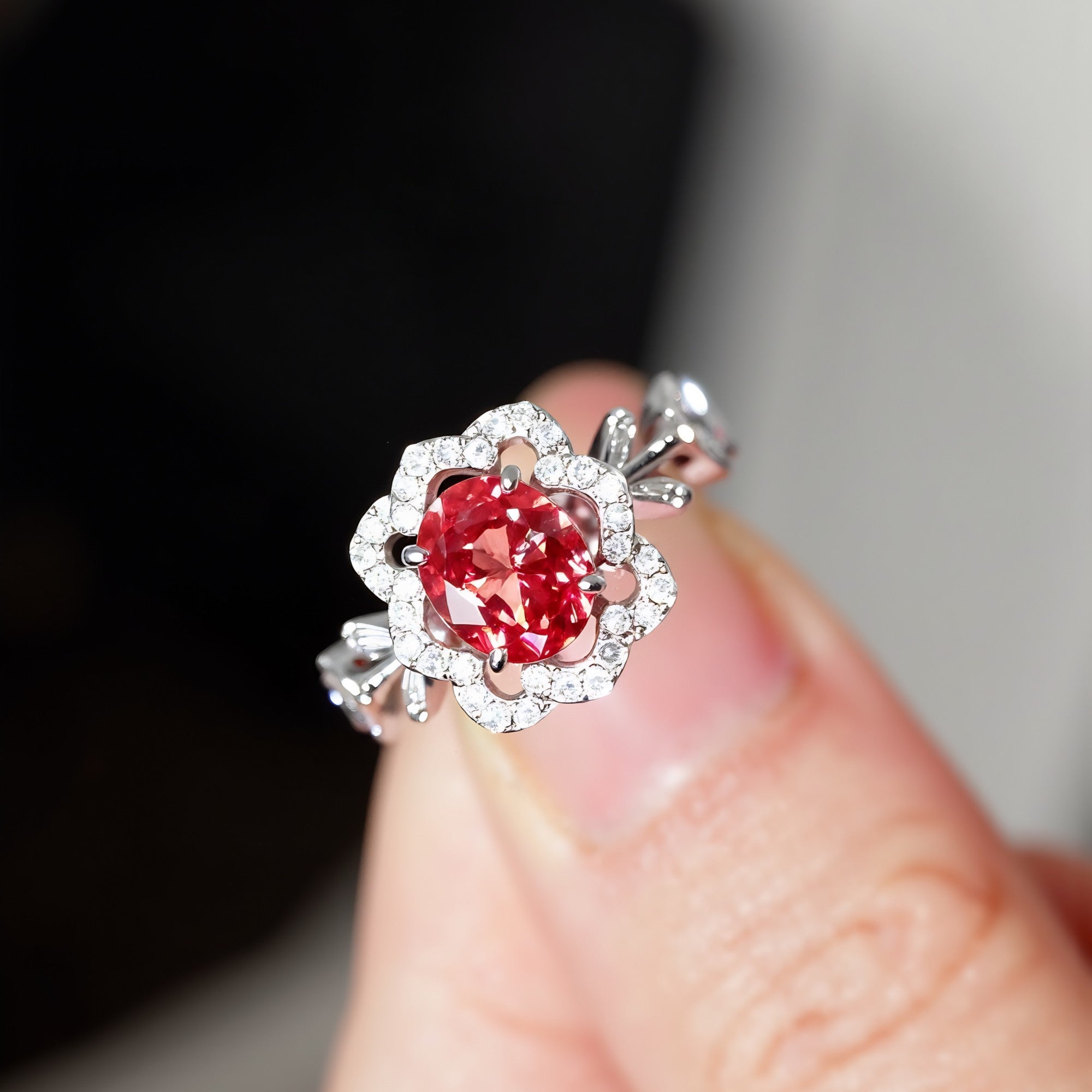 Rosabelle ring with 1.5ct lab padparadscha sapphire and diamond halo

