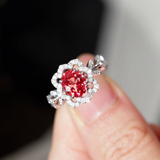 Rosabelle ring with 1.5ct lab padparadscha sapphire and diamond halo

