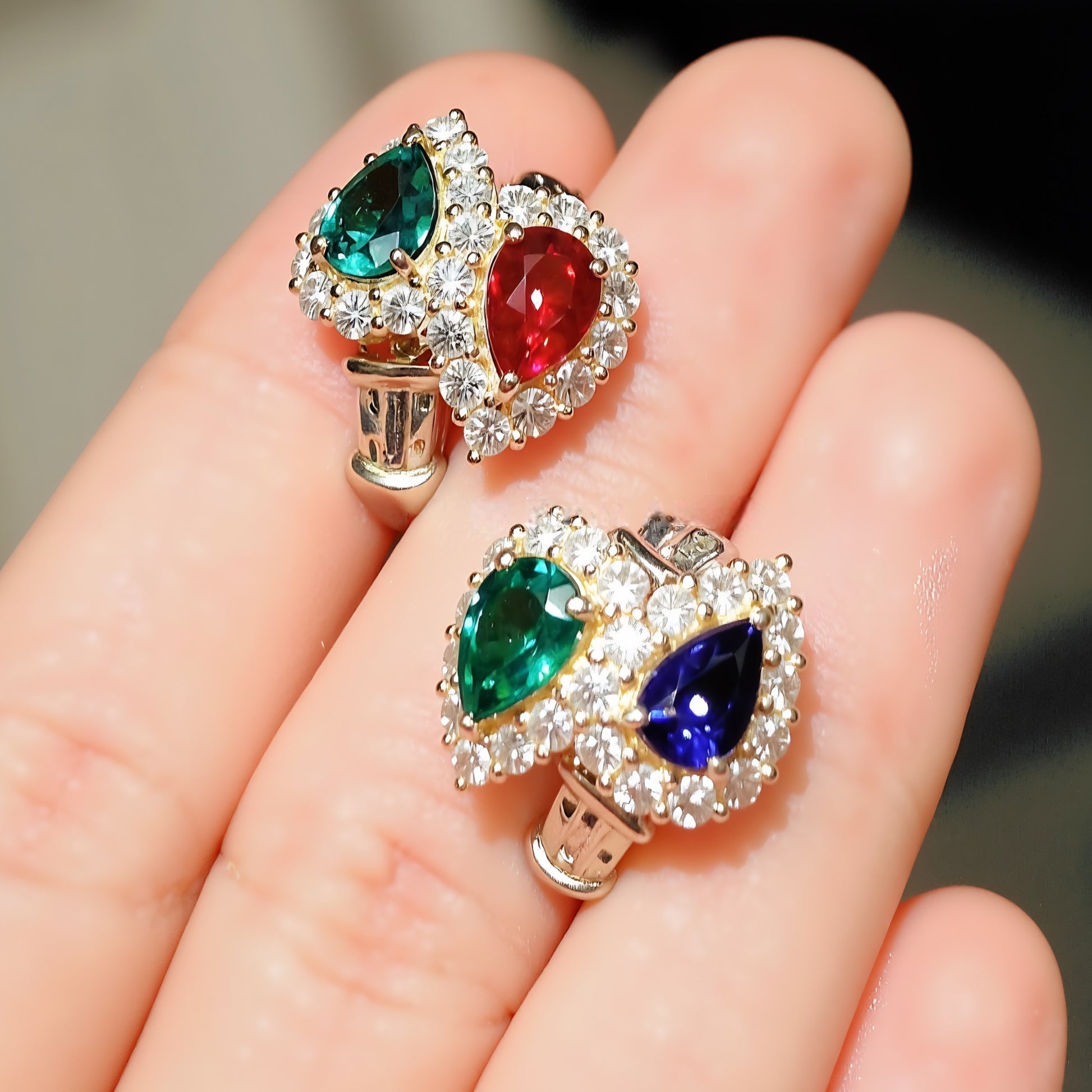 Lab ruby and emerald halo earrings

