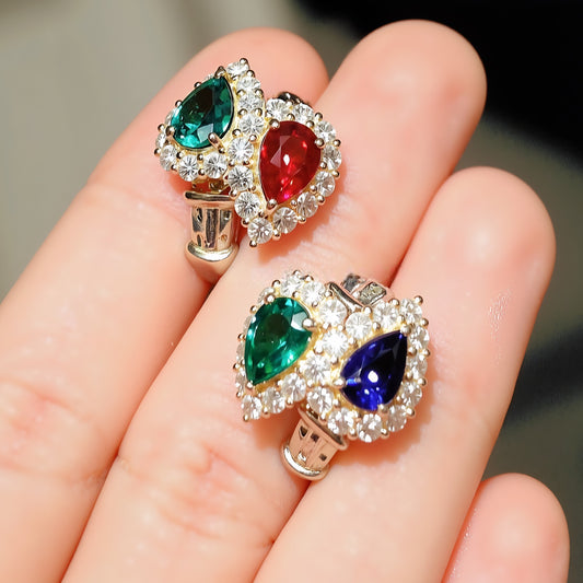 Lab ruby and emerald halo earrings


