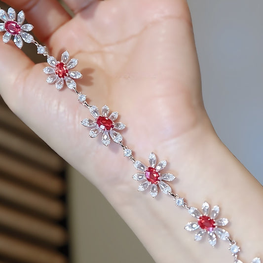 Lab padparadscha sapphire floral bracelet with marquise petal setting in silver finish








