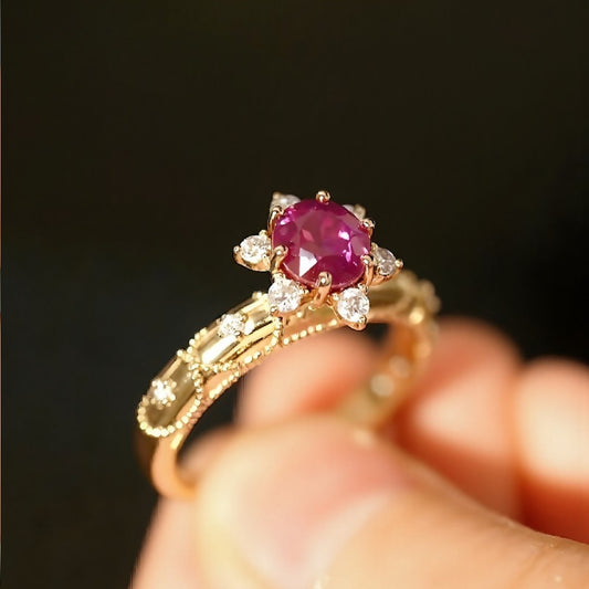 Fiora gold ring with lab spinel and floral diamond crown setting








