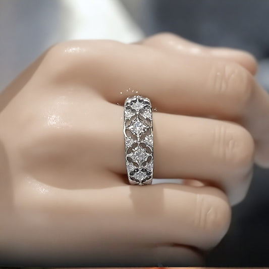 Half eternity diamond band with vintage floral filigree design in white gold








