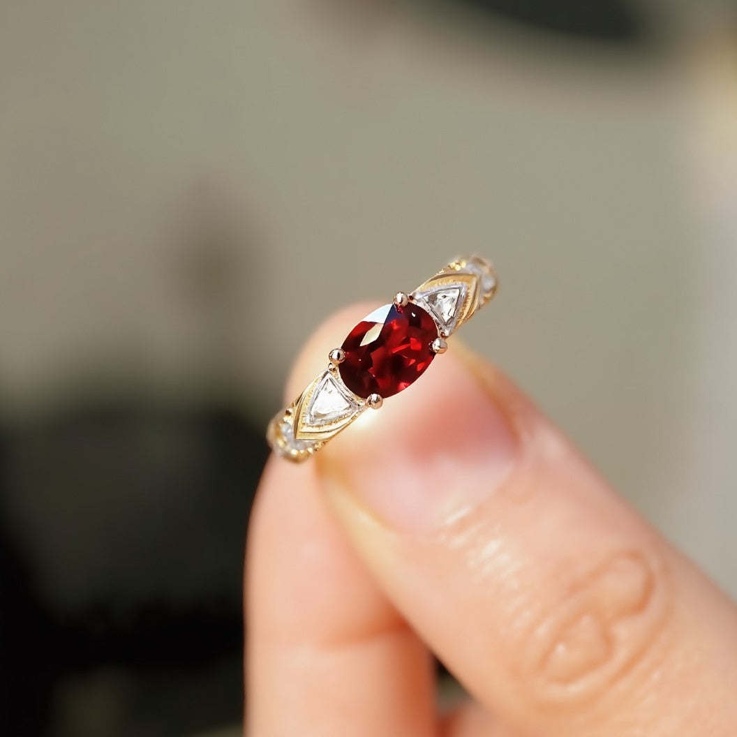 Vintage lab ruby ring with trillion diamonds in yellow gold setting








