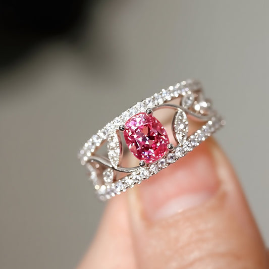 Vine motif pink spinel ring with lab-grown diamonds and leaf details in white gold