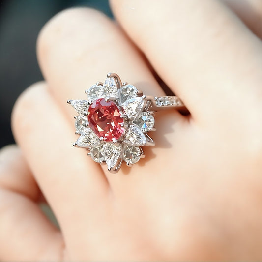 Floral ring with 1 carat lab padparadscha sapphire and diamond halo








