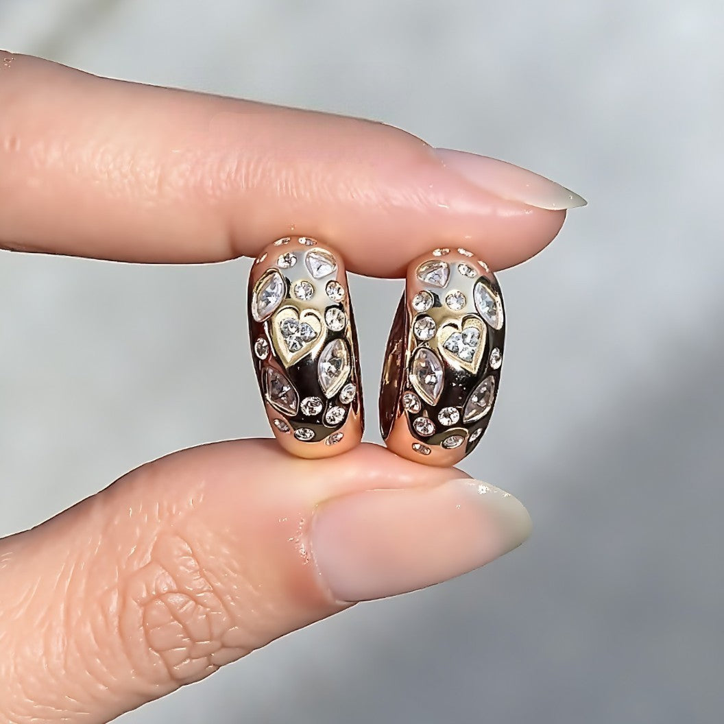 Gold huggie earrings with heart and marquise lab diamonds








