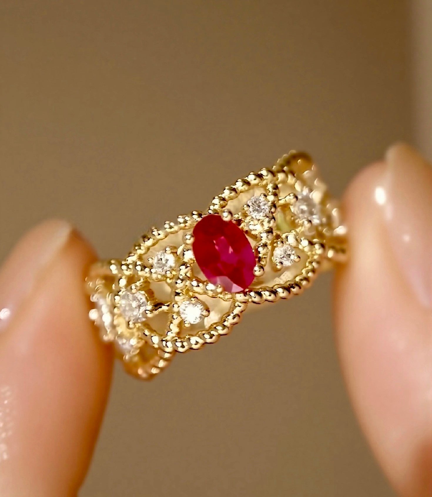 Sorelya 0.5ct lab ruby eternity ring with gold filigree and diamond accents