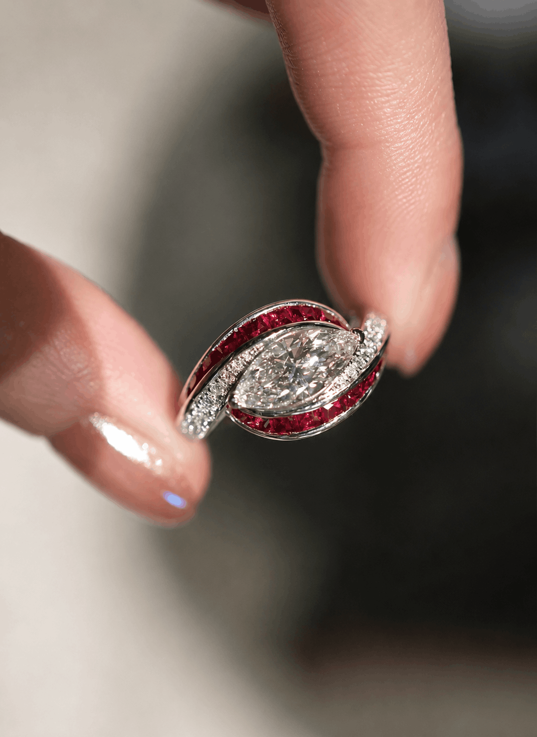Mirelisse floral halo engagement ring featuring a marquise lab-grown diamond and ruby accents | La Forêt